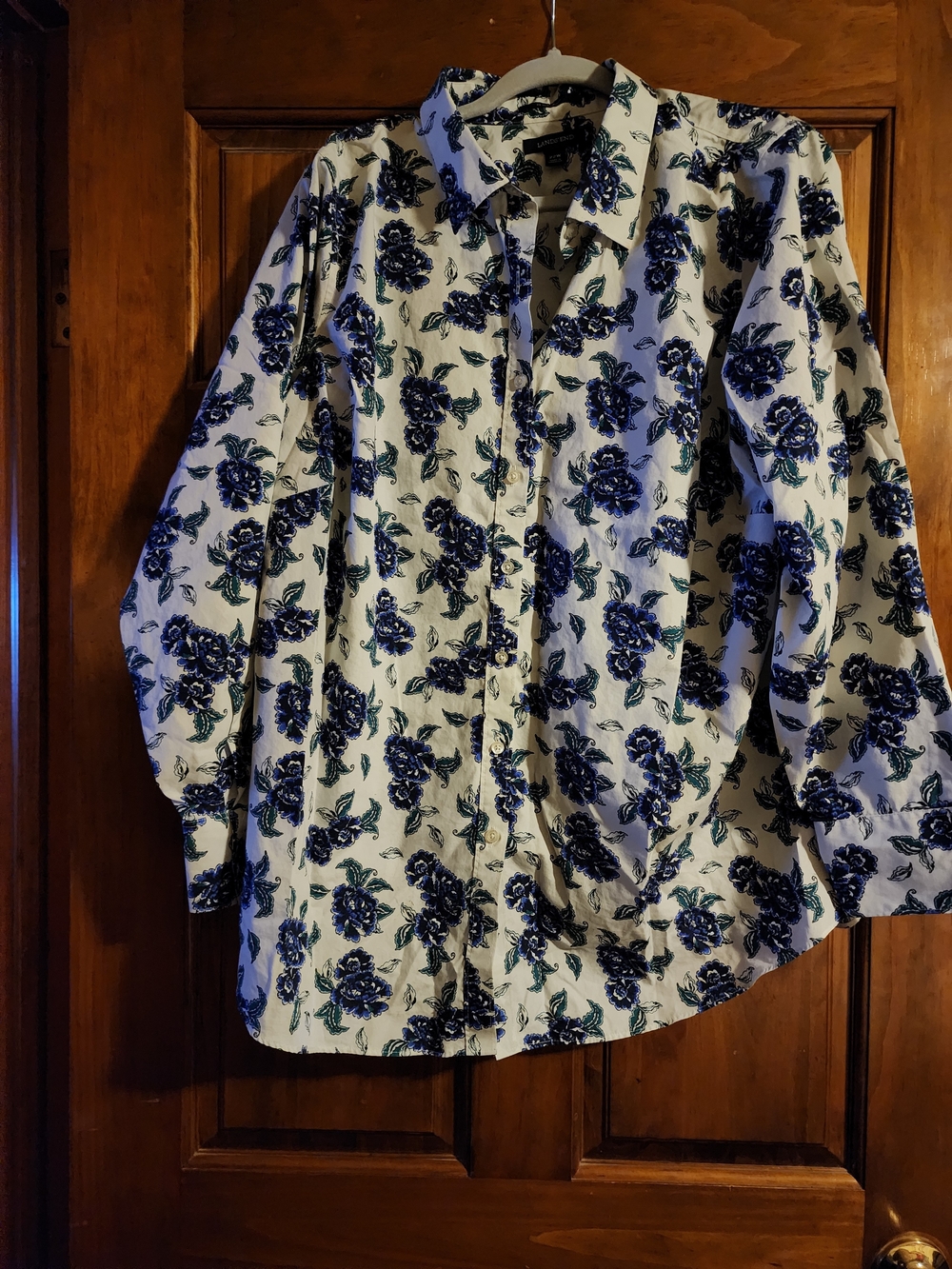 Lands' End White Button-Down Shirt with Blue Floral Print 22W